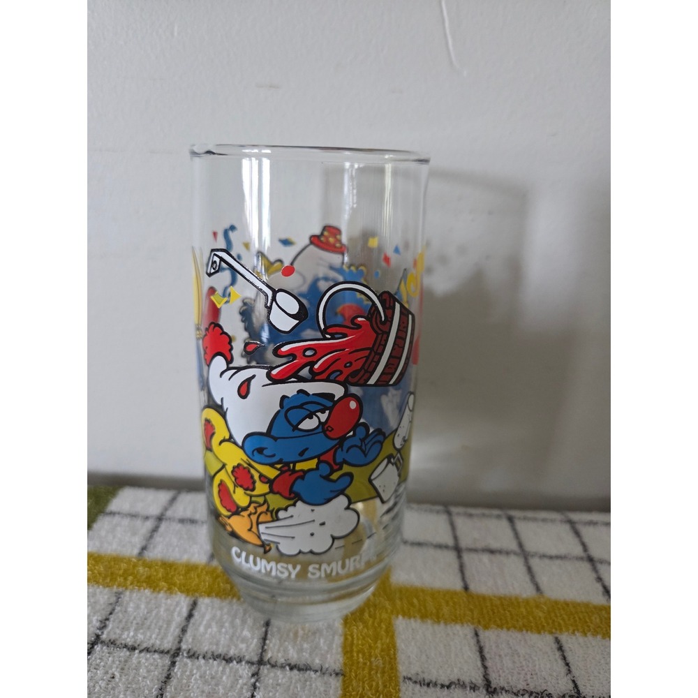 Vintage 1983 Clumsy Smurf Glass Wallace Berrie Peyo Collector Series 80s Decor